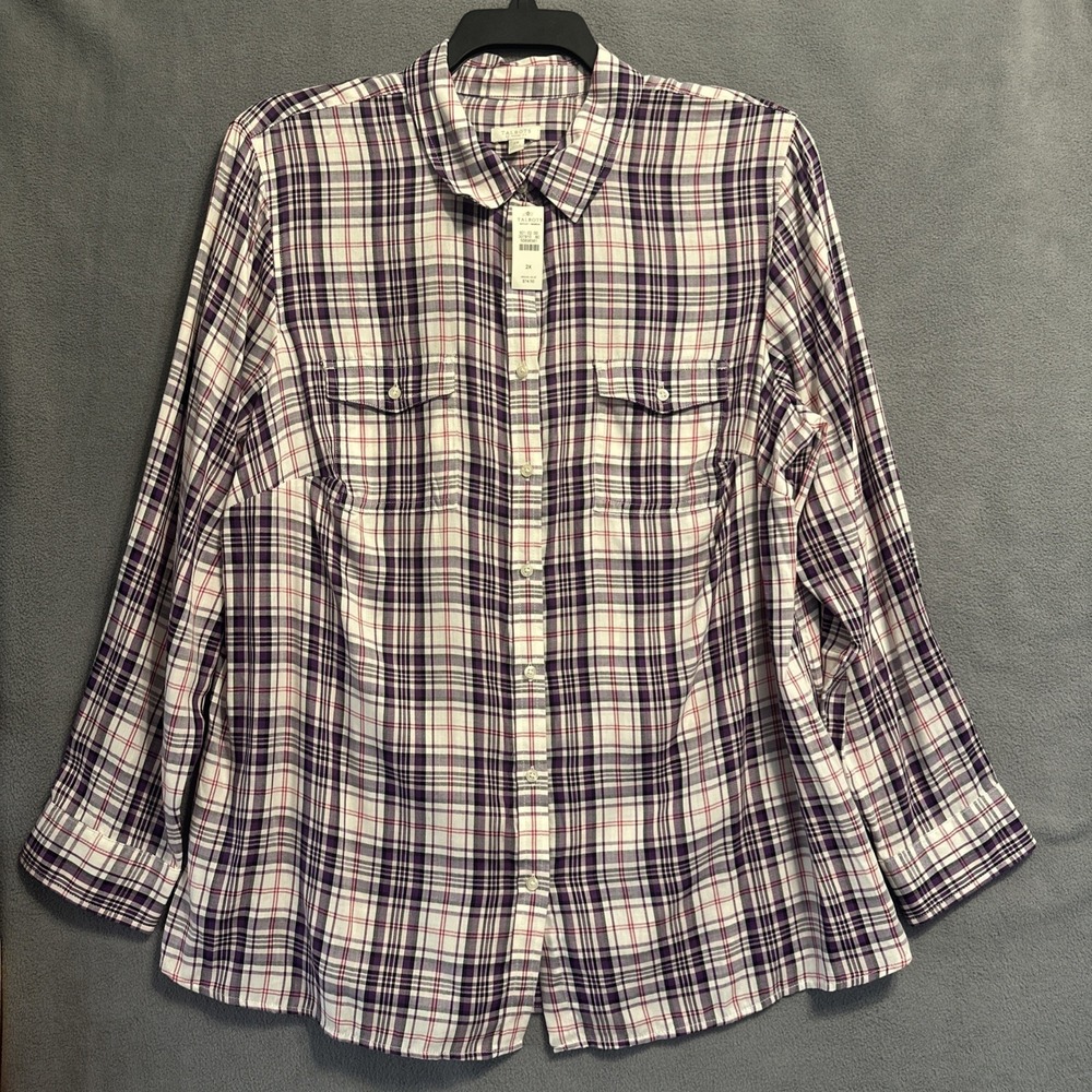 NWT Talbots Plaid Pocket Button Up Shirt Plus Size 2X Purple Pink Lightweight